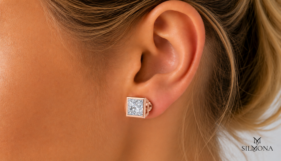 PRINCESS CUT BEZEL SET SOLITAIRE STUD EARRINGS