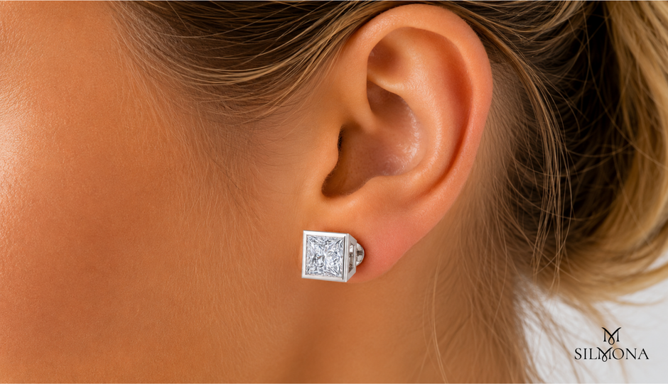 PRINCESS CUT BEZEL SET SOLITAIRE STUD EARRINGS