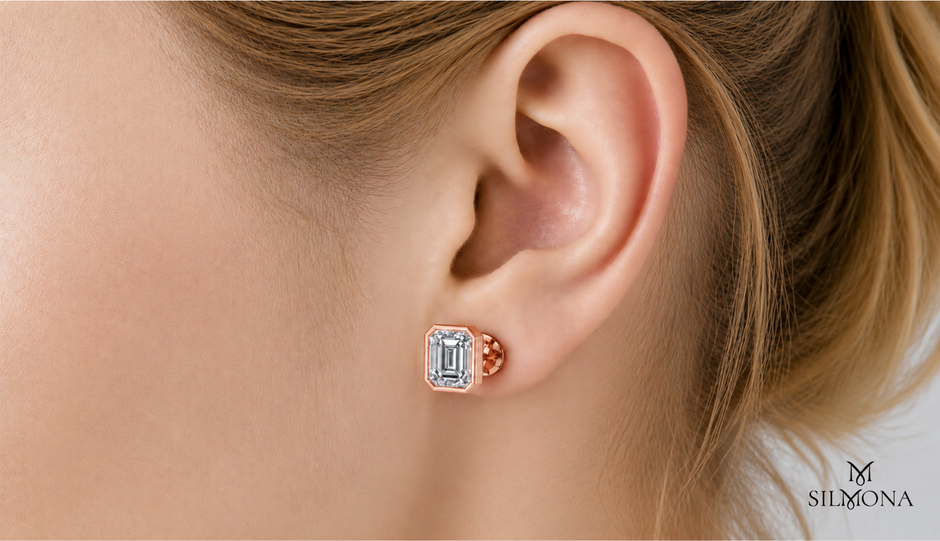 EMERALD CUT BEZEL SET SOLITAIRE STUD EARRINGS